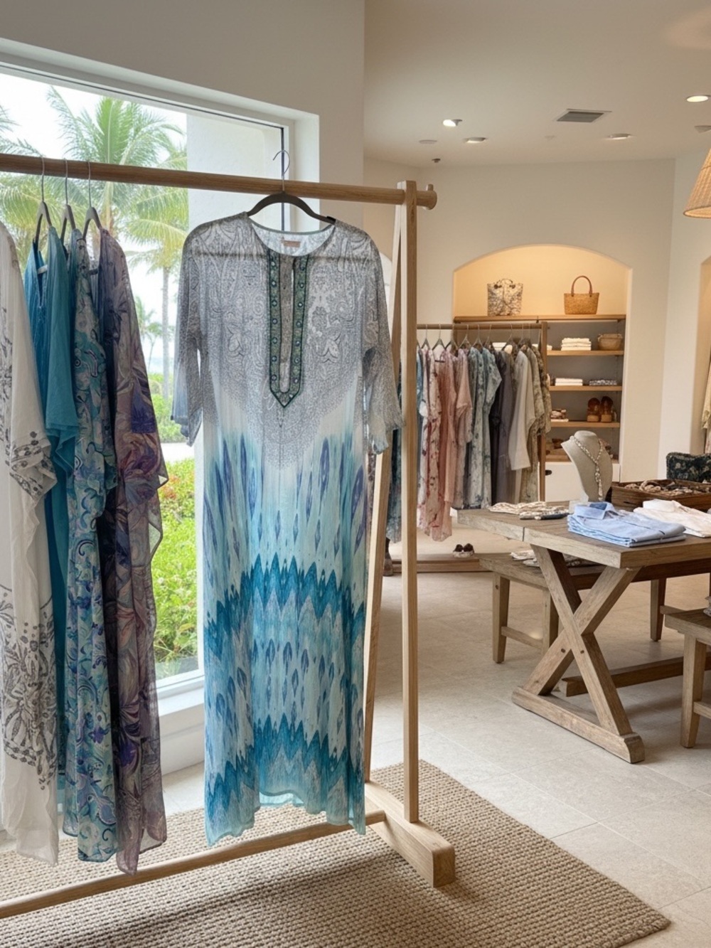 Stunning Debbie Katz Resort Cotton Coverup /Embellished Kaftan Dress /Blue Ikat - Picture 2 of 7